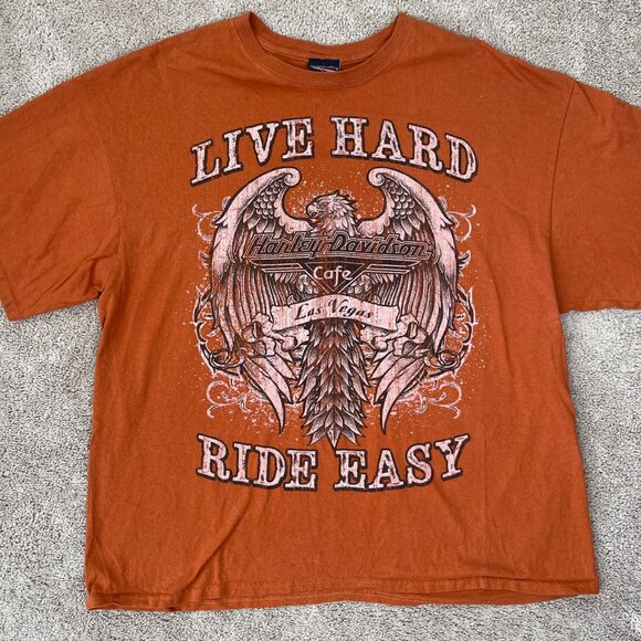 Harley Davidson Cafe Las Vegas Shirt Mens 2XL Orange Graphic Biker Eagle Wings - Picture 1 of 6